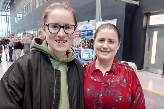 de Warenne  Academy pupil Emelia Hambrey, left, with mum Amy Hambrey, right, at the Delta Academies Trust careers event at the National College for High Speed Rail.