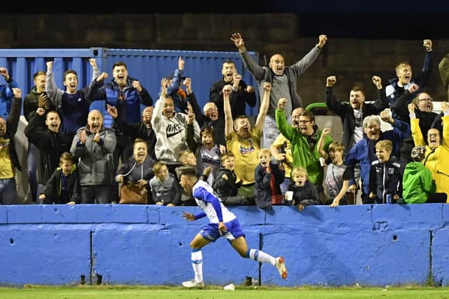 Tyler Smith celebrates scoring for Barrow during his loan at the National League club earlier this season