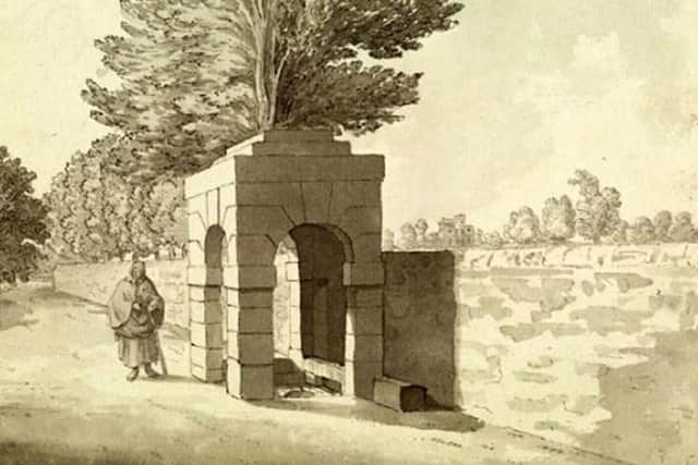 Painting of Robin Hood's Well by Samuel Hieronymous Grimm, dated 1773