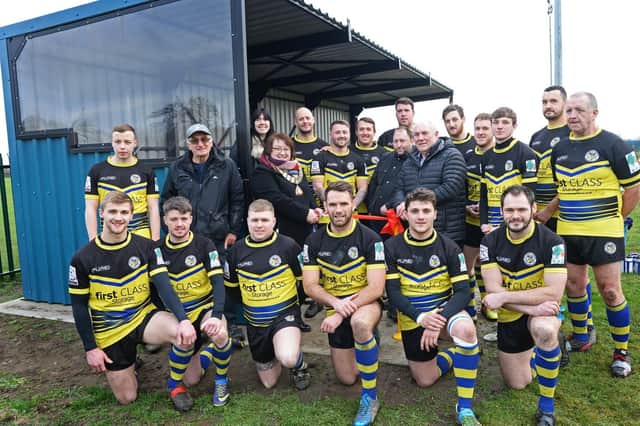 Susan Durant, Mayor of Thorne and Moorends, pictured officially opening the new stand at Moorends Recreation Ground with Terry Gent,  Kim Reed, both of Moorends Welfare working group, parish councillors Craig Ellis and Joe Blackham and players from Moorends Thorne Mauraders RLFC. Picture: Marie Caley