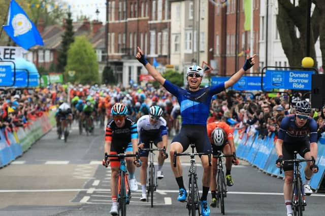 Tour de Yorkshire 2018. Stage 1 Beverley to Doncaster. Harry Tanfield takes the stage win in Doncaster. Picture: Chris Etchells