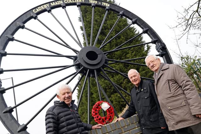 Former Miner Eric Crabtree, who worked at Cadeby Main Colliery from 1946-1986, pictured with Jeffrey Lovell, chairman and Jim Reeve, deputy chairman, pictured. Picture: NDFP-05-02-19-CadebyColliery-4