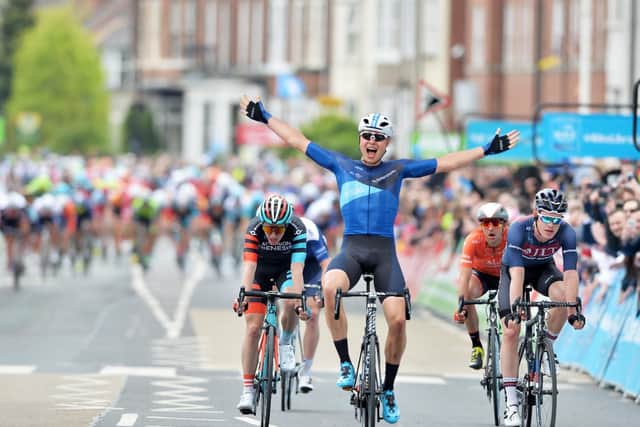 Harry Tanfield wins the  Tour de Yorkshire, Stage 1, in Doncaster after being in the breakaway all day and becomes the first Yorkshireman and 1st Brit to win a stage of the TdY.
Beverley to Doncaster.  Finish in Doncaster.
3 May 2018.  Picture Bruce Rollinson