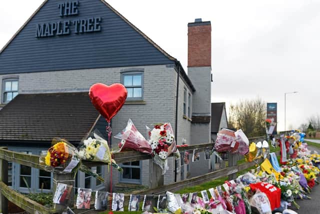 Floral tributes outside the Maple Tree, Balby where Tom Bell died on January 17.