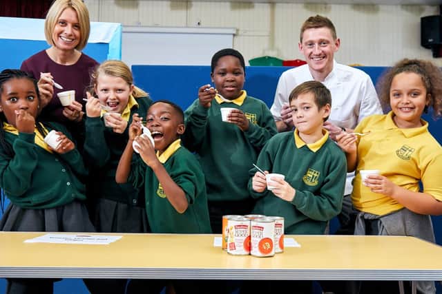 Baxters visit St Bede's Primary School, Rotherham to deliver a 'souper' lesson on nutrition. Students L-R Paris Nyevera (9), Ida Rhodes (9), Bradley Chibaya (9), Sidney Sarawaka (8), Jacob Holt (8), Aponi Williams (8) pictured with Darren Sivewright, Baxters Group Innovation Manager and Head Teacher Amanda Wassell. Pix: Shaun Flannery