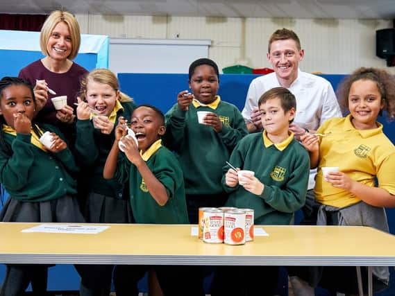 Baxters visit St Bede's Primary School, Rotherham to deliver a 'souper' lesson on nutrition. Students L-R Paris Nyevera (9), Ida Rhodes (9), Bradley Chibaya (9), Sidney Sarawaka (8), Jacob Holt (8), Aponi Williams (8) pictured with Darren Sivewright, Baxters Group Innovation Manager and Head Teacher Amanda Wassell. Pix: Shaun Flannery