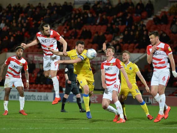 John Marquis sends a header on goal in the win over Bristol Rovers
