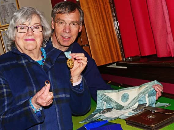 Helen and Lyndon Walters, of Sprotbrough, visited the Masonic Hall open day and took along items belonging to Helen's late grandfather Walter Croxall, who was a Mason at Rufford Lodge. Picture: NDFP-27-04-19-MasonicOpenDay-6