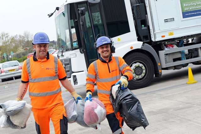 Suez recycling driver James Gravil and Chris Gallagher, team leader, pictured. Picture: Marie Caley NDFP-16-04-19-SuezGrants-2