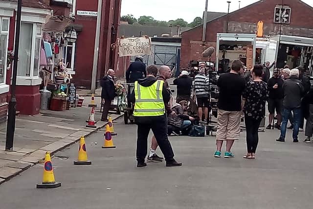 Sir David Jason, far left, and Tim Healy filming Still Open All Hours in Doncaster on June 3, 2019