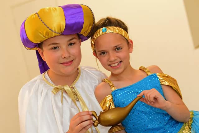 Reuben Clayton, 11, Aladdin and Lauren Mundy, Genie, pitured. Picture: Marie Caley NDFP-14-05-19-LetsAct-5