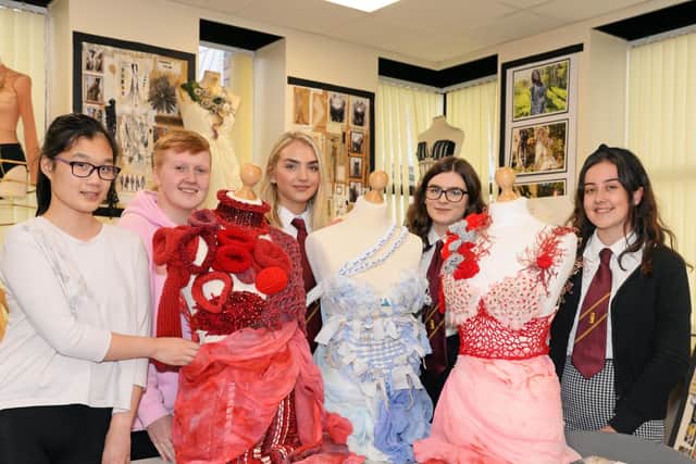 Hall Cross pupils l-r Cola Liao, 16, Laura Snow, 15, Sadie Chambers, 17, Emillie Stokes, 17 and Ellie Hadley, 17, pictured. Picture: Marie Caley NDFP-25-06-19-HallCrossFashion-1