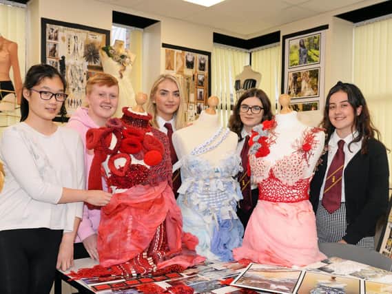 Hall Cross pupils l-r Cola Liao, 16, Laura Snow, 15, Sadie Chambers, 17, Emillie Stokes, 17 and Ellie Hadley, 17, pictured. Picture: Marie Caley NDFP-25-06-19-HallCrossFashion-1