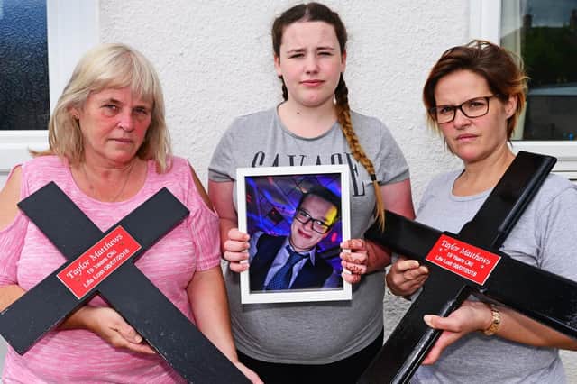 Taylor Matthews family members, pictured l-r Alice Matthews, Nanna, Angelica, 15, sister and Toni, Auntie, pictured holding the crosses that will be placed at Skelbrooke Quarry in. Picture: NDFP-02-07-19-Matthews-1