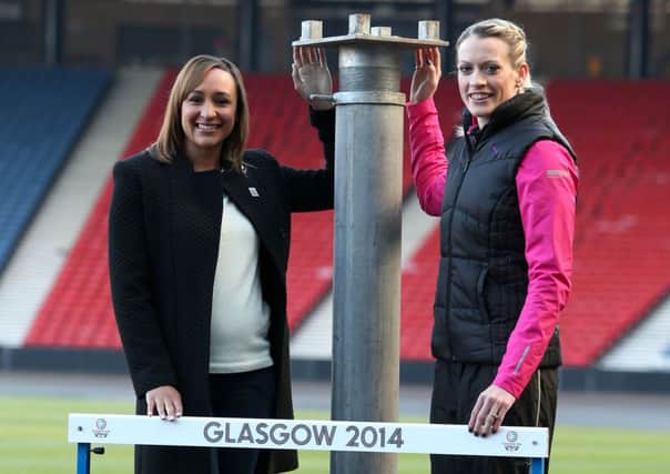 Olympic gold medalist  Jessica Ennis-Hill (left) and Commonwealth silver medalist, Eilidh Child during the photocall at Hampden Park, Glasgow.Photo: Andrew Milligan/PA Wire.