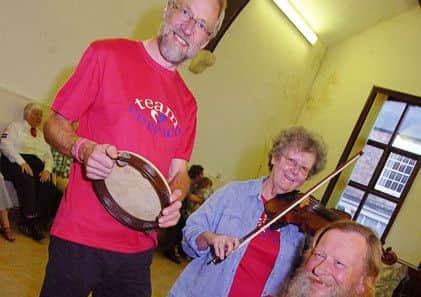 Dance tutor Peter Barnard, Katy Robinson and DAvid Prebble at the dance fundraiser at the Imperial Hall, Epworth. The trio of musicians are know as Lys St. Georges. (Buy this photo E1512TS) Picture: Tony Saxton