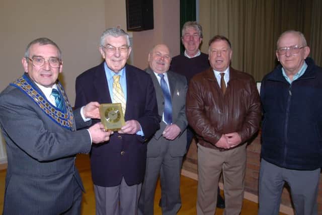 Former Crowle Town Councillor Brian Hastings being presented with a clock in recognition of his 41 years service on the council back in 2013  (from left) Mayor Mel Bailey, Brian Hastings, Harold Osbourne, Brian Duffield, Nick Culpin, Norman Arrand.