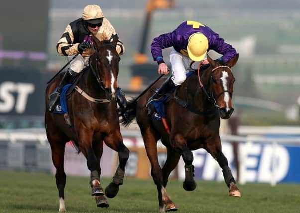 PRAISE THE LORD -- a dramatic finish to last year's Cheltenham Gold Cup as Lord Windermere (right) holds off On His Own (PHOTO BY: David Davies/PA Wire).