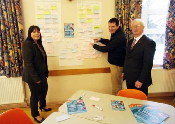 Isle MP Andrew Percy and Councillors John Briggs and Julie Reed at the sports centre consultation in Crowle.