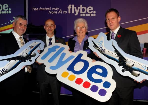 (l-r) Martin McKervey, Sheffield City Region, Steve Gill, MD Doncaster Sheffield Airport, Mayor of Doncatser Ros Jones and Phil Delaney, of Flybe at Doncaster Sheffield Aiport to announce eight new destination flights across Europe. Picture: Andrew Roe