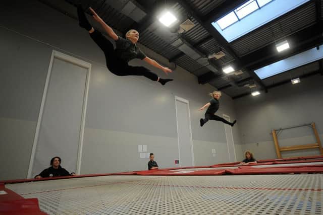 Ben Haigh and Bridie Randerson, of Netherwood School during a trampolining session. Picture: Andrew Roe