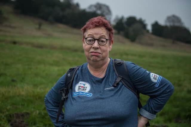 Jo Brand atempts to walk her first marathon in the Chilterns as part of a training session for her Sport Relief challenge to walk from Hull to Liverpool