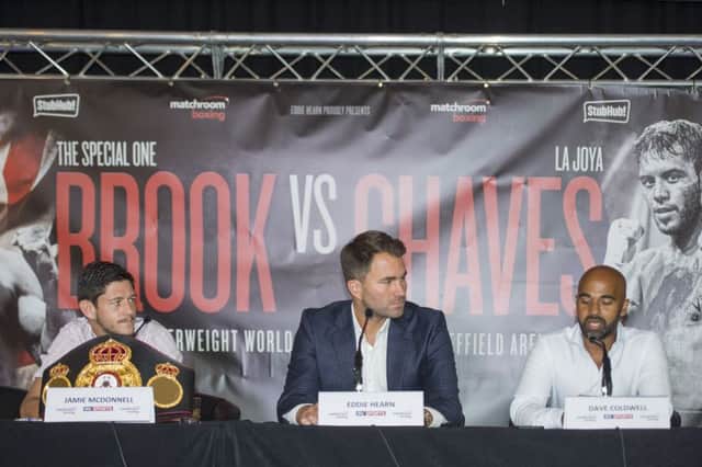 Kell Brook and Jamie McDonnell Press Conference
Sheffield City Hall
Jamie McDonnell, Promoter Eddie Hearn and trainer Dave Coldwell