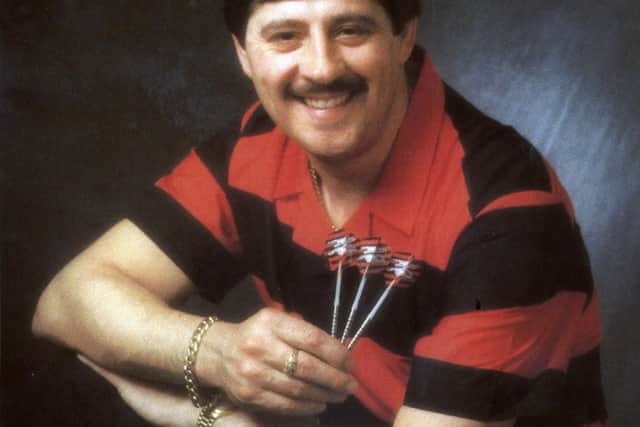 A soft focus shot of Mexborough darts star Dennis Priestley from the 1980s.