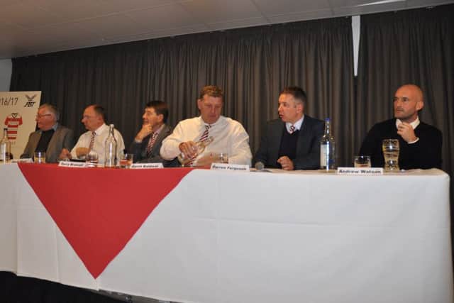 Dick Watson, David Blunt, Terry Bramall, Gavin Baldwin, Darren Ferguson and Andrew Watson speaking at Doncaster Rovers' Meet The Owners event in February 2016