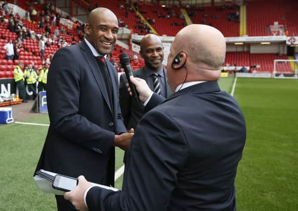 Brian Deane and Tony Agana back together at Bramall Lane interviewed by stadium announcer Gary Sinclair - English League One - Sheffield Utd vs Doncaster Rovers - Bramall Lane Stadium - Sheffield - England - 26th September 2015 - Picture Simon Bellis/Sportimage
--------------------
Sport Image
15/16 Sheff Utd v Doncaster
26 September 2015
©2015 Sport Image all rights reserved