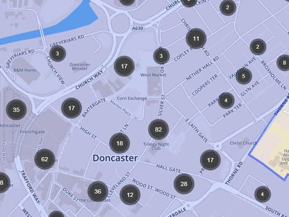 A  map of crimes reported in Doncaster town centre during December 2015.