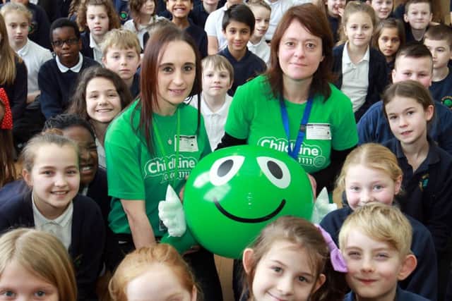 The NSPCC ChildLine Schools Service visited Woodseats Primary School. The School Service educates children about abuse, including bullying, neglect, physical, sexual and emotional abuse. Pictured wtih are Michaela Crowther and Kathy Cookson from the service.