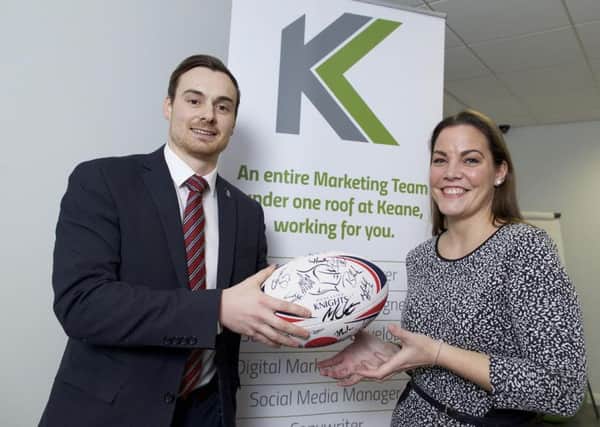 Pix: Shaun Flannery/shaunflanneryphotography.com

COPYRIGHT PICTURE>>SHAUN FLANNERY>01302-570814>>07778315553>>

27th January 2016
Keane Creative Ltd celebrate their collaboration with Doncaster Knights Rugby Union Football Club.
Louise Bond of Keane Creative pictured with Kristopher Turner-West of Doncaster Knights.