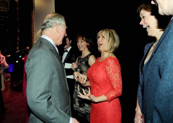 The Prince of Wales and the Duchess of Cornwall, visit the Royal Hall, Harrogate.The Prince Shares a joke with Lesley Garrett..17th February 2016 ..Picture by Simon Hulme