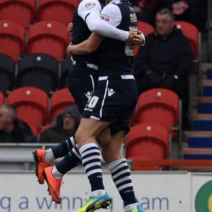 Millwall's Steve Morison celebrates his goal with Jed Wallace