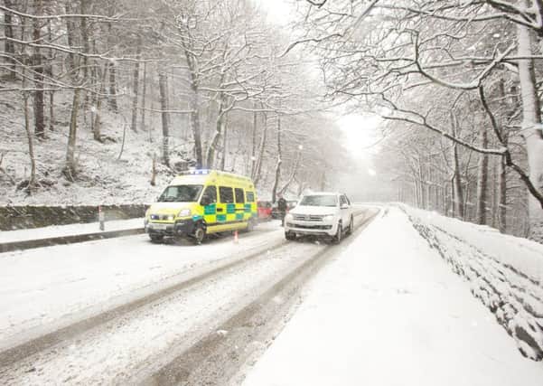 Accident in the snow on Rivelin Valley Road, Sheffield