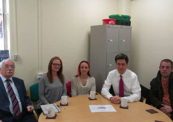 From l to r:- Murdo Macleod, of the credit union, credit union member Maureen Jones, credit union member Andrea Young, Ed Miliband MP and credit union member Lee Machin.