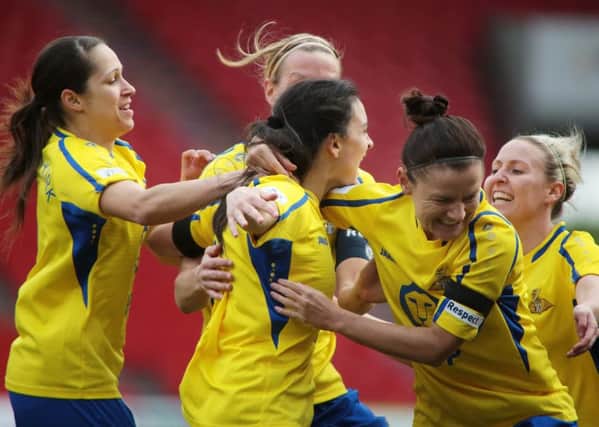 Belles players celebrate Jess Sigsworth's goal a at the Keepmoat Stadium. Photo by Glenn Ashley Photography