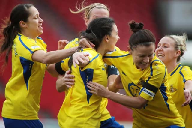 Belles players celebrate Jess Sigsworth's goal a at the Keepmoat Stadium. Photo by Glenn Ashley Photography