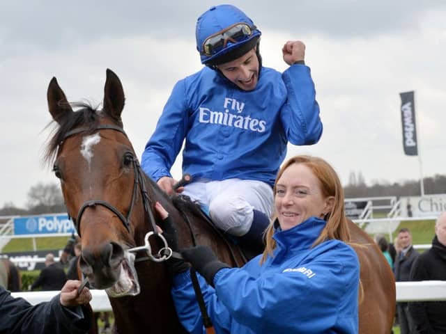 William Buick celebrates after riding Secret Brief to victory in the Betway Lincoln (Heritage Handicap)   at Doncaster. Picture: Anna Gowthorpe/PA Wire.