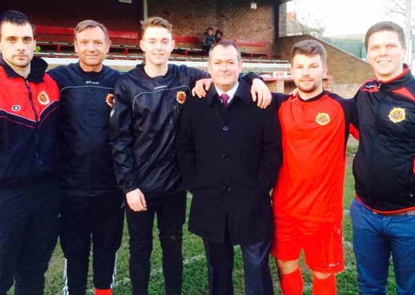 From left to right: Jared Oxley,  Worsbrough Bridge FC manager Ian Shirt, Brad Kerr, Michael Dugher MP, Rob Oldham and Sam Keen. Michael Dugher was named as a patron of the club in April 2016.