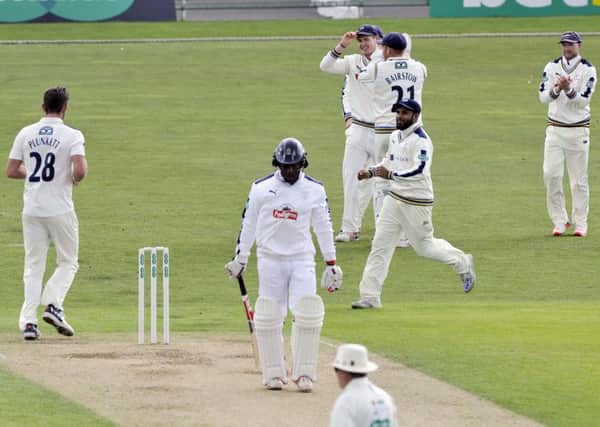 Yorkshire celebrate as Michael Carberry is caught by Alex Lees off Liam Plunkett