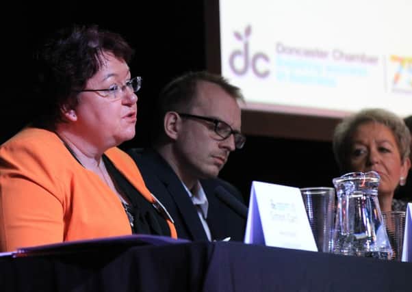 Doncaster Business Conference 2016 at The Legacy Centre. Panel 1 talking about The Northern Powerhouse. Pictured is Jo MIller, Chief Executive at DMBC.