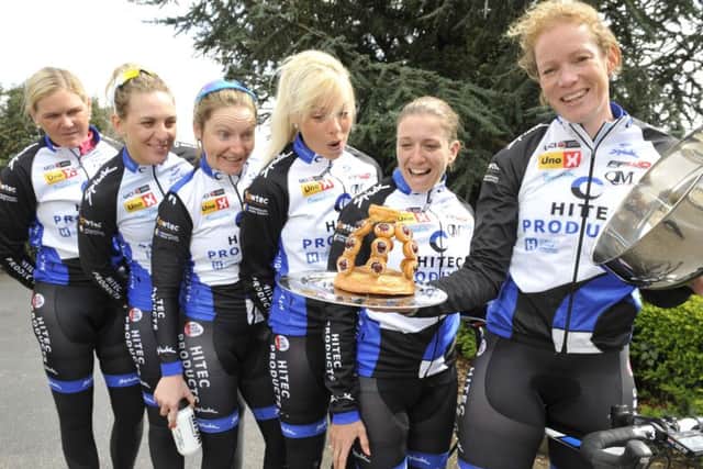 Kirsten Wild with the Tour De Yorkshire Pudding Crown and (l-r) Tone Hatteland Lima, Simona Srapporti, Lauren Kitchen, Charlotte Becker, Tatiana Guderzo. Tour de Yorkshire's womens race partner Aunt Bessie's has come up with a truly Yorkshire way to crown the races queen of the sprint - The Yorkshire Pudding Crown. Hitchen products rider and one of the worlds top sprinters Kirsten Wild unveiled the crown today, 29 April 2016.