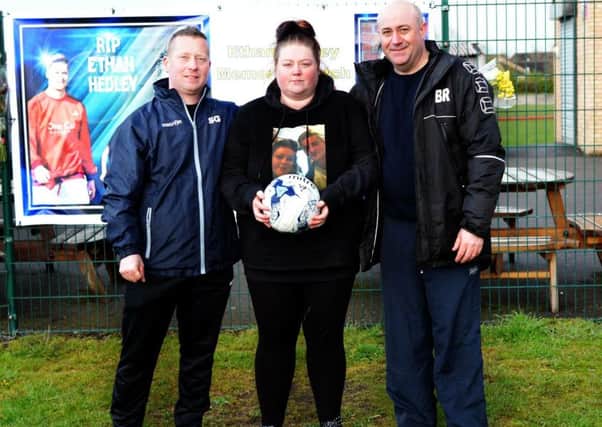 Memorial match for Ethan Hedley killed in a Doncaster crash. pictured (L to R)  Steve Gill Dunscroft coach Ethan's mum Kerry,  Bob stainforth Dunscrof coach