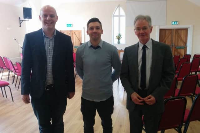 Pictured are (from left) Jonathan Bramwell - previous minister at Epworth Baptist Church, now minister of Lymm Baptist Church, Cheshire; new minister Andy Wilkinson and  Mike Fegredo, Regional Minister of East Midlands Baptist Association who led the induction.