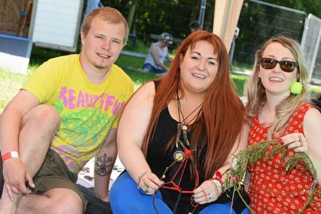 Dave Otter, of Mexborough, pictured with Shamanic practitioner Suzanne Wass and Rachel Horne, as they make medicine wheels. Picture: Marie Caley NDFP Something to Smile MC 5
