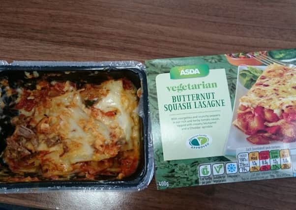 Sanah Wilkinson, 28, of Wheatley, Doncaster, was horrified to find a piece of meat in this Asda own brand butternut squash lasange.
