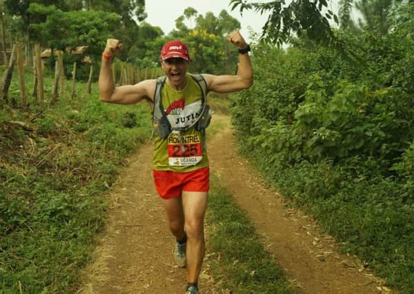 keep on running: Justin Rowntree running the Ugandan Marathon. Inset, Gordon Ramsay during Kitchen Nightmares in Sheffield.