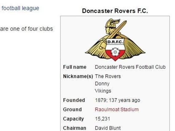 The hack on Doncaster Rovers' Wikipedia page renaming the Keepmoat Stadium the Raoulmoat Stadium. (Photo: Wikipedia).